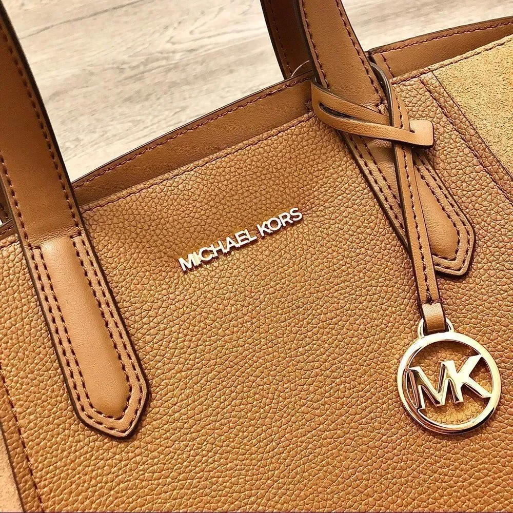 Michael Kors Portia Tote Bag Purse Leather Suede Luggage Brown $358 Brand New